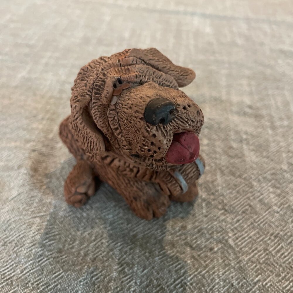 St Bernard Brown Clay Dog Figure Signed by Artist 4" x 3"